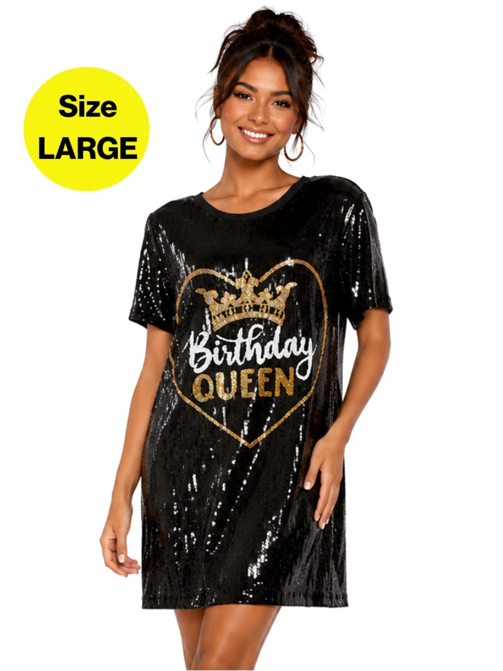👑BIRTHDAY QUEEN 👑 Black Sequin Mini Dress, Gold Glitter Heart (Women’s Large)